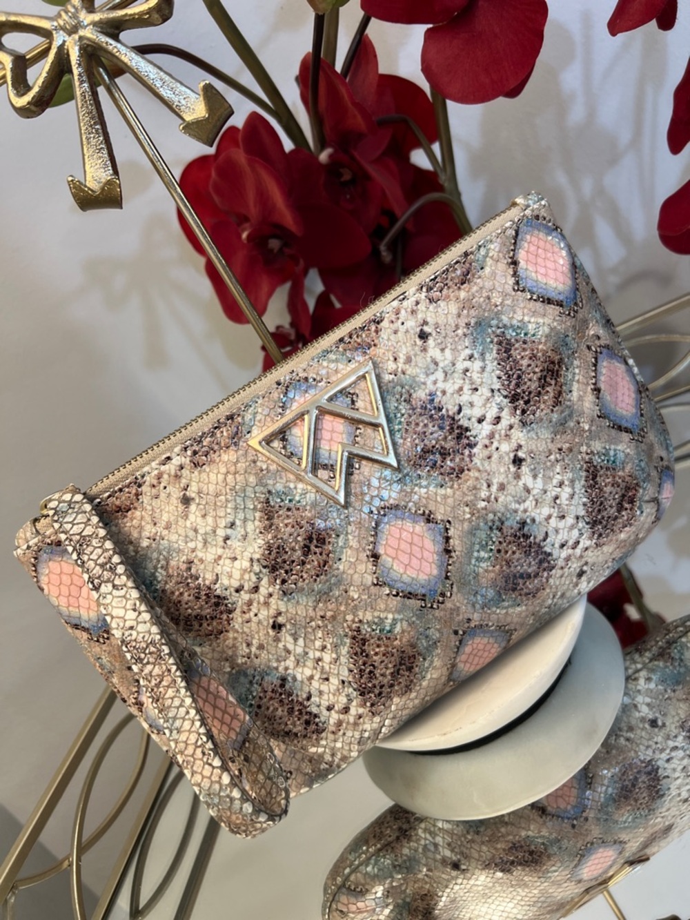 Kelly Wynne Pastel Snake Print Wristlet Pouch | Geometric Logo Boho Chic